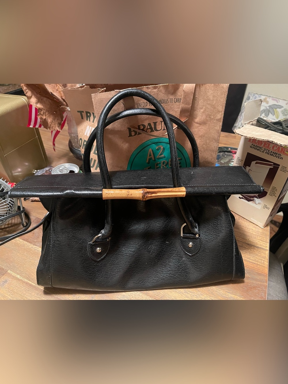 Black Leather Bamboo-Accent Satchel 1990 or earlier!